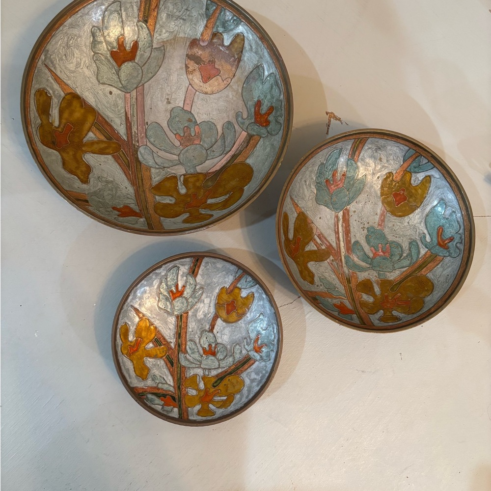 Midcentury Cloisonné Enameled Brass‎ Footed Bowls